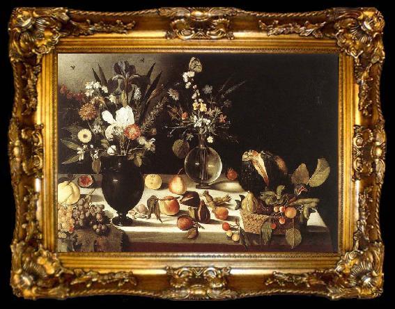 framed  unknow artist A Table Laden with Flowers and Fruit, ta009-2